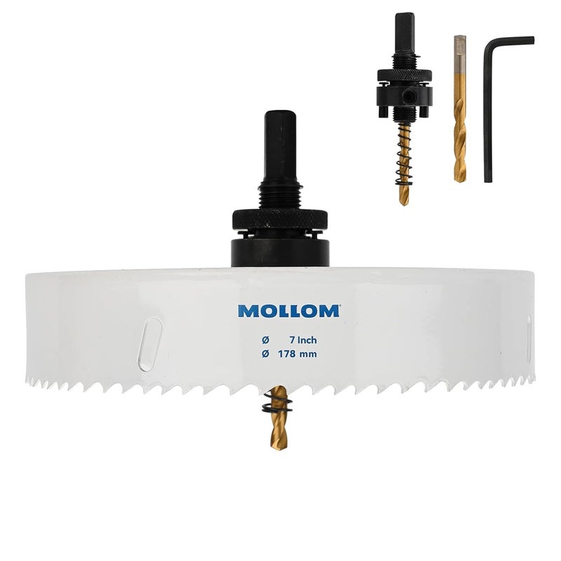 Mollom (178mm | 7") HSS M42 with 8% Cobalt BI-Metal Hole Saw with 2 Pilot Drill Bits & Arbor Smooth Cutting for PVC,Drywall,Wood,Plastic,Gypsum Board,Rubber - Image 1